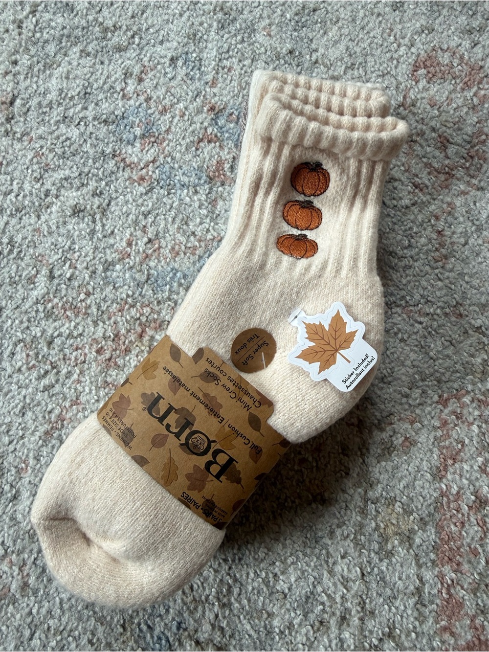 Born Cream Crew Socks Set (3) with Pumpkin Embroidery